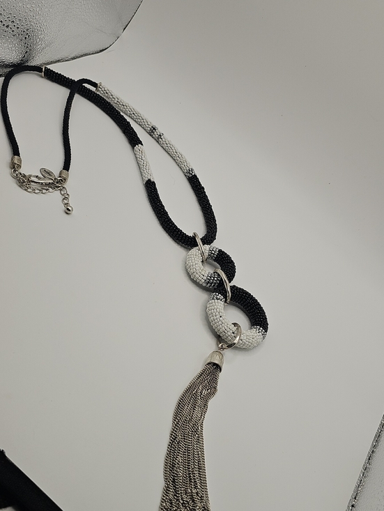 Chico's Jewelry - Elegant Black & White Seed Beaded Link Necklace W/ Silver Tassel Made By CHICOS